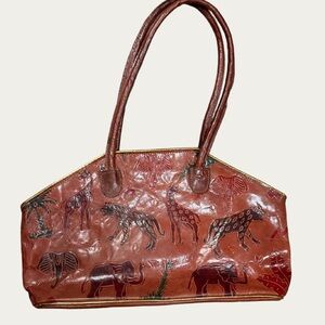 Genuine Leather Hand Tooled Bag Purse Tote Ethnic African Animal Elephant